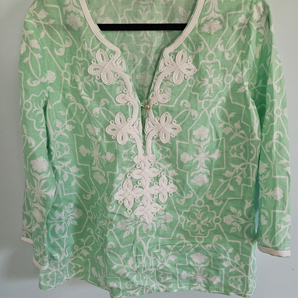 Charter Club Mint Green Linen Tunic with White Embroidery Size Large